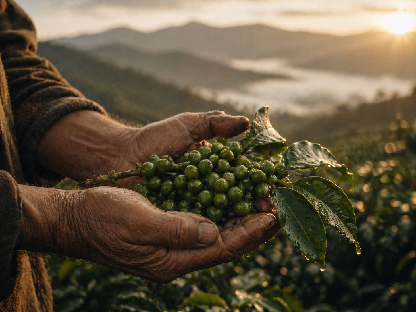 A coffee farmer's hands cradling green coffee cherries at sunrise in the Andes